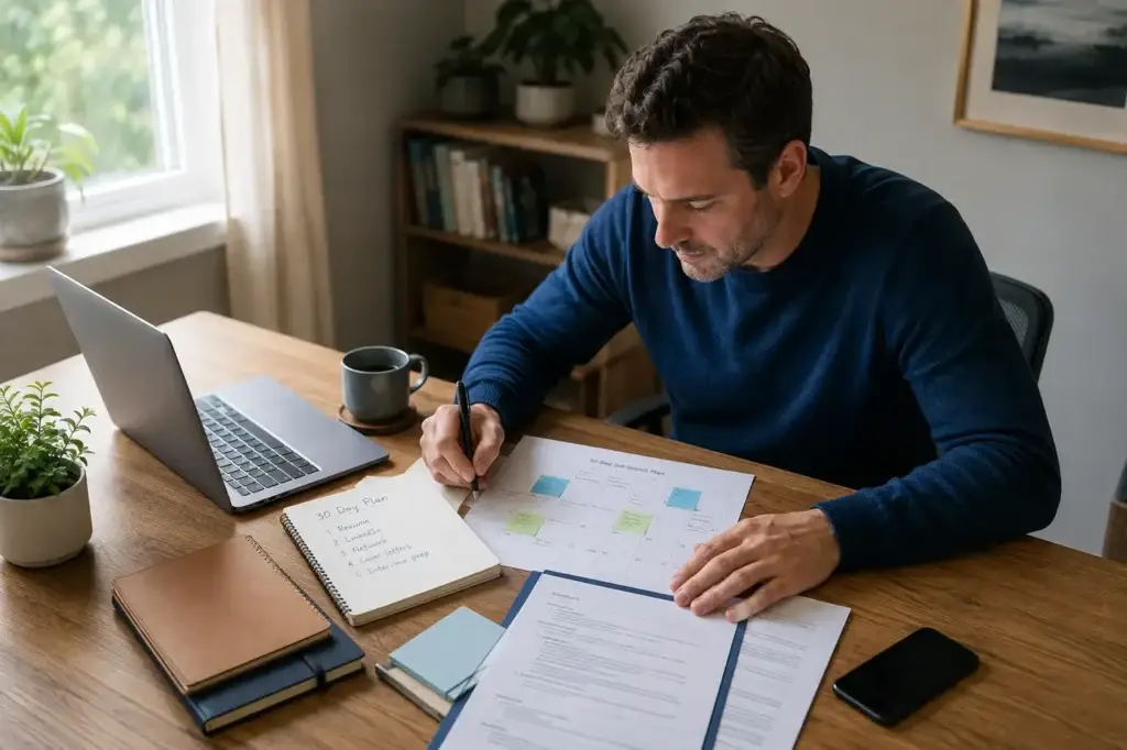 Professional organizing a practical 30-day job-search plan at home