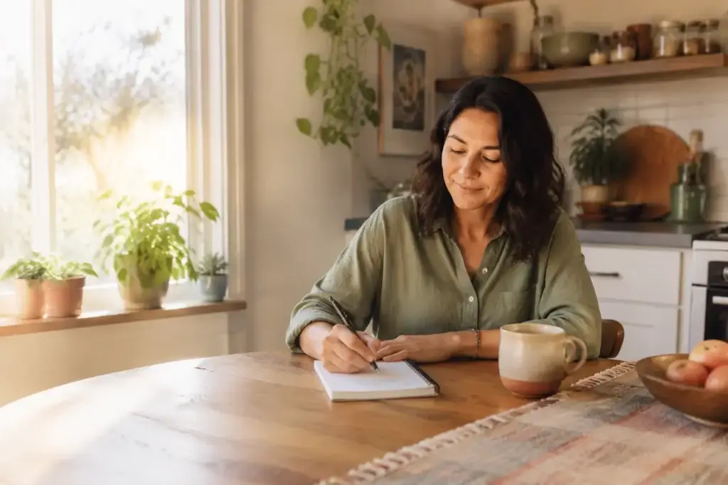 Woman planning a fresh start in a notebook at her kitchen table